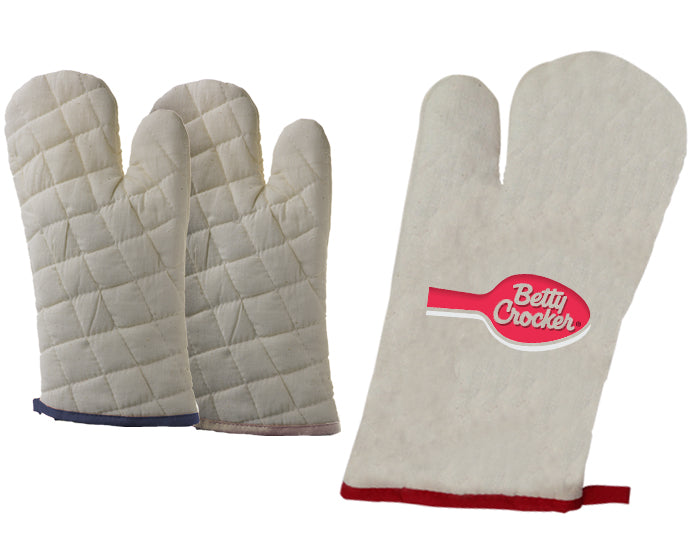 Guantes para cocina de tela tipo manta con detalles de bies y presilla para colgar