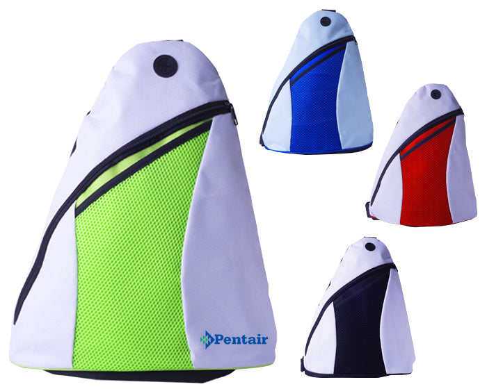 Novedosa mochila triangular bicolor en poliester con correa lateral ajustable