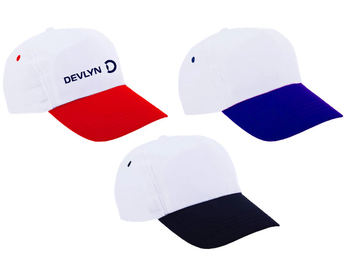 Gorra blanca de poliester de 5 gajos con visera de color y broche ajustable de velcro