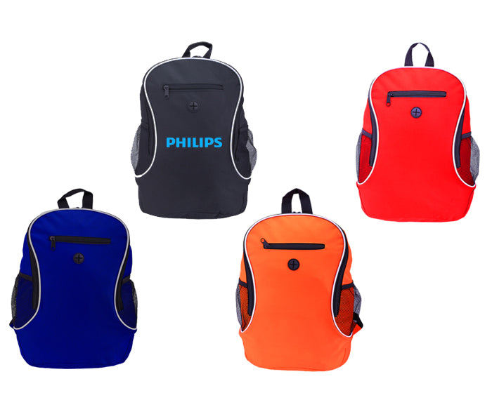 Mochila tipo backpack con salida para audifonos en el frente y bolsa de malla con cierre para guardar el celular o dispositivo