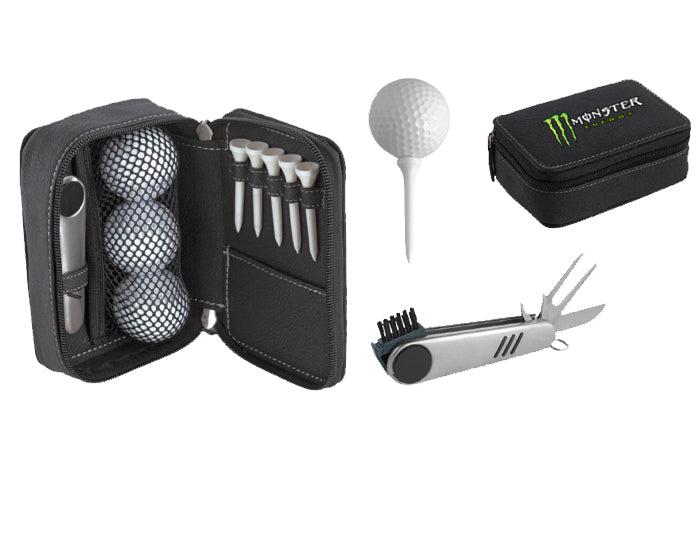 Mini estuche de curpiel con herramienta multiusos para golf en color plata y detalles en negro