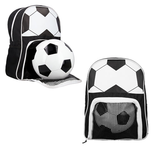 Mochila con tematica de futbol y porta balon en forma de porteria