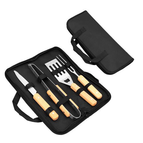 Set de bbq en estuche de poliester y sujetadores de madera