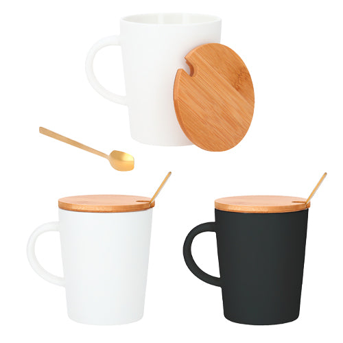 Taza de ceramica con tapa de bambu y cucharilla