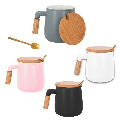 Taza de ceramica con tapa de bambu y cucharilla