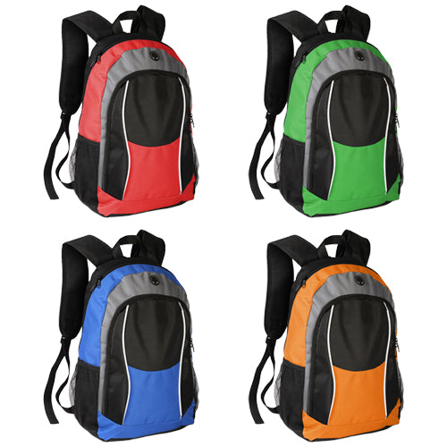 Mochila back pack fabricada en poliester con bolsa de red a un costado y salida para audifonos