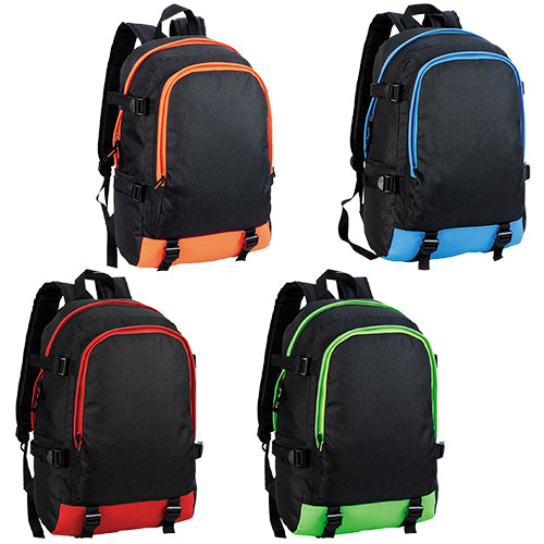 Mochila back pack de poliester con porta laptop y bolsa a un costado