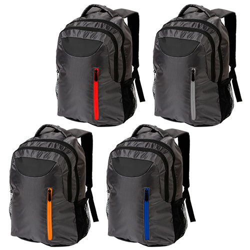 Mochila tipo back pack fabricada en poliester y pvc con porta laptop y bolsa de red a un costado