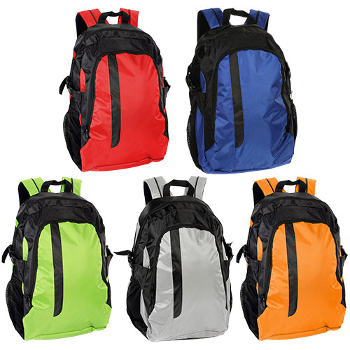 Mochila de poliester tipo back pack con porta laptop y bolsa de red a un costado