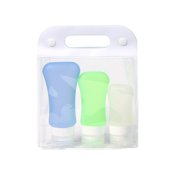 Set de 3 botellas fabricadas en silicon con bolsa de pvc translucida