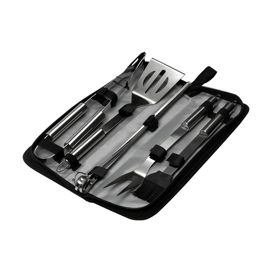 Set de bbq con accesorios de acero inoxidable y estuche de poliester con correa para facil transportacion incluye brocha