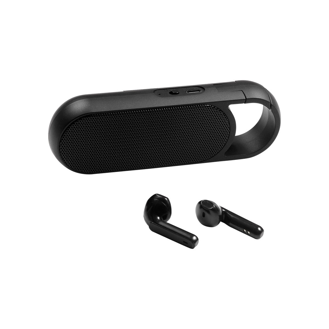 Bocina bluetooth con auriculares inalambricos incluidos y arnes para facilitar la transportacion carga a traves de cable usb incluye caja de carton individual