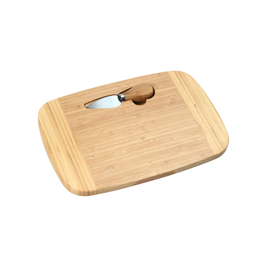 Tabla de bamboo con cortador para queso fabricado en acero inoxidable con mango de madera incluye caja de carton individual